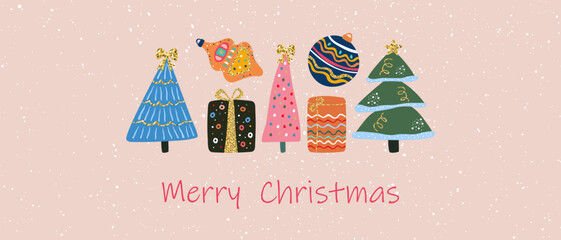 Merry Christmas banner or card template. Christmas trees, gift boxes and Christmas balls on a light background.