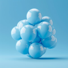 Cluster of glossy light blue balloons in a spherical formation on a blue background