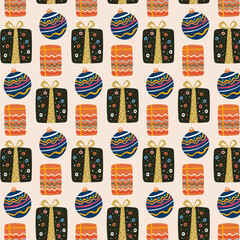 Christmas pattern with colorful gift boxes and decorations. Holiday decoration for wrapping paper, fabric and greeting cards.