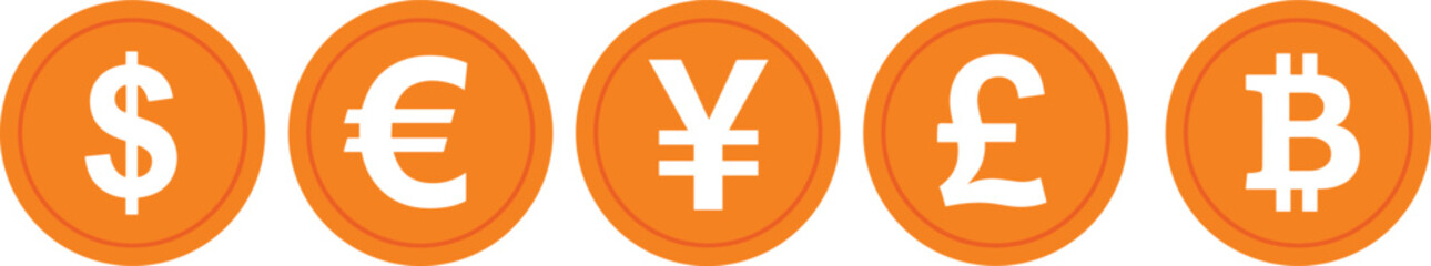 Currency coin icons, dollar, euro, yen, pound, bitcoin symbols, orange vector money signs, financial illustration, international economy, crypto and fiat currency design