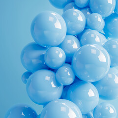 Abstract cluster of glossy light blue spheres on a solid blue background