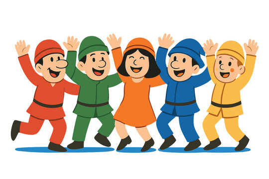 Four Sinterklaas helpers known as Zwarte Piet are depicted in a vector illustration isolated on a white background