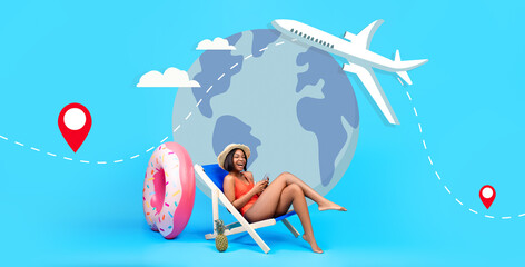 A woman enjoys her vacation while lounging on a beach chair with a colorful donut float nearby. She interacts with her smartphone, surrounded by elements symbolizing travel and exploration.