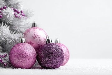 Pink and purple holiday ornaments on a Christmas tree against a white backdrop allowing for text placement