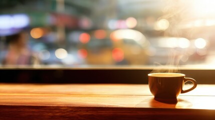 A steaming cup of coffee on a cafe table, warmed by morning sunlight.
