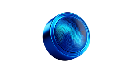 Modern blue button with circular design element in a metallic texture on transparent background