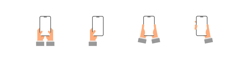 Phone in hand. Isolated mobile at hand mockup. Mobile in hand vector set. Palm holding phone vector sign. Mobile in palm template. Empty screen telephone mockup. Vertical orientation mockup.