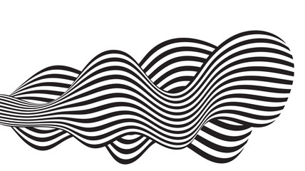 Dynamic black and white striped wave pattern forming a fluid optical illusion. Abstract flowing lines ideal for modern art, backgrounds, motion graphics, or visual identity design.