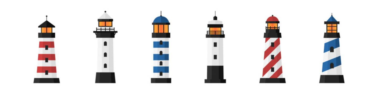 Lighthouse icon. Isolated lighthouse vector set. Landmark for sea navigation. Sea navigation shore mark. Light house onshore. Lighthouse set in flat design.