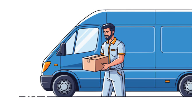 Delivery concept featuring a courier holding parcel next to blue delivery van. Delivery service includes a bearded man carrying cardboard box, ready for express shipment.