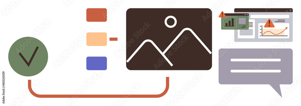 Poster task list with color codes, data charts, warning indicators, chat bubbles, and visual connections. i