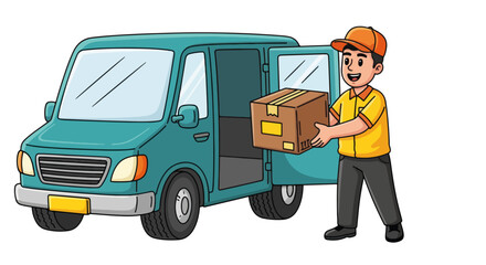 Delivery service with a smiling courier and van. The delivery service worker carries a package to expedite shipping. Concept of delivery service for convenience and fast shipment.