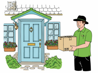 Package delivery by cheerful delivery person brings a package to front door. Package delivery scene highlights delivery man wearing green shirt and hat holding a parcel ready to hand it off.