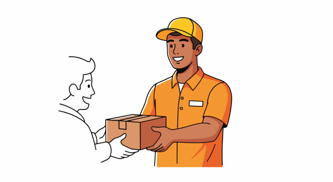 Delivery courier handing package to client. Courier delivering parcel in cardboard box, with customer accepting purchase. Concept delivery service, fast shipping, and convenient order fulfillment.