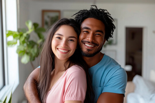 Multiethnic Asian couple hugging and smiling, candid portrait