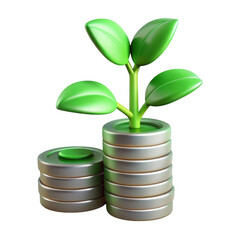 Money growth concept with plant on coins on transparent background