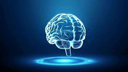 Glowing brain hologram on a dark blue background with energy ring - Powered by Adobe