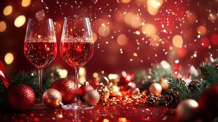 Festive New Year composition two champagne glasses glitter Christmas baubles blurred bokeh lights falling confetti holiday atmosphere