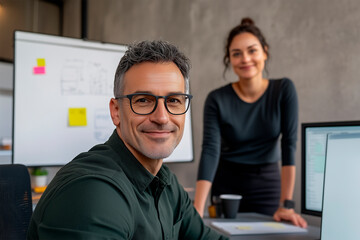 middle-aged businessman seated working at a desk using laptop, in the background a businesswoman colleague working