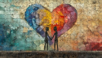 An illustration of two stick figures holding hands, standing in front of heart-shaped puzzle pieces that form love. 