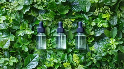 Three bottles sit amongst lush, green foliage
