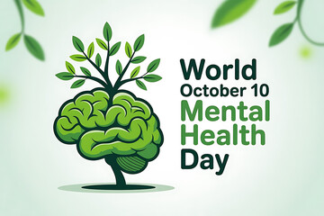 World Mental Health Day Concept – Green Brain Tree Illustration with Leaves