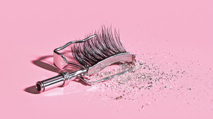 Minimalist beauty setup with an eyelash curler and false lashes arranged stylishly on a soft pink surface — ideal for cosmetic branding or tutorials.