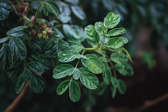 The leaves shape suggests this plant is likely Moringa Moringa oleifera known for its compound tripinnate structure and oval leaflets