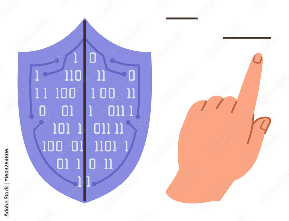 Poster Hand pointing near shield with binary code, symbolizing cybersecurity, data protection, encryption, authentication, user interaction, technology access, and safety in a simple flat metaphor