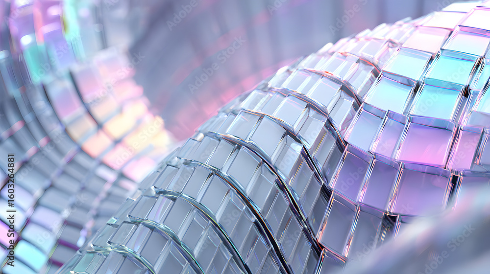 Poster abstract 3d background with glass spiral swirl effect of rows square plates. holographic gradient li