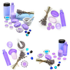 Soap, shampoo, towel, lavender oil, scented candles, dried lavender flowers isolated on white