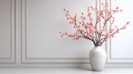 Peach blossoms in a large white vase against a light gray wall.