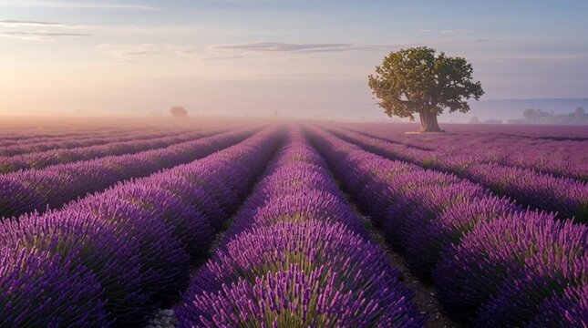 Endless rows of blooming purple lavender stretch across a tranquil field under soft sunlight. Perfect for wellness themes, travel inspiration, nature backgrounds, and botanical beauty visuals.
