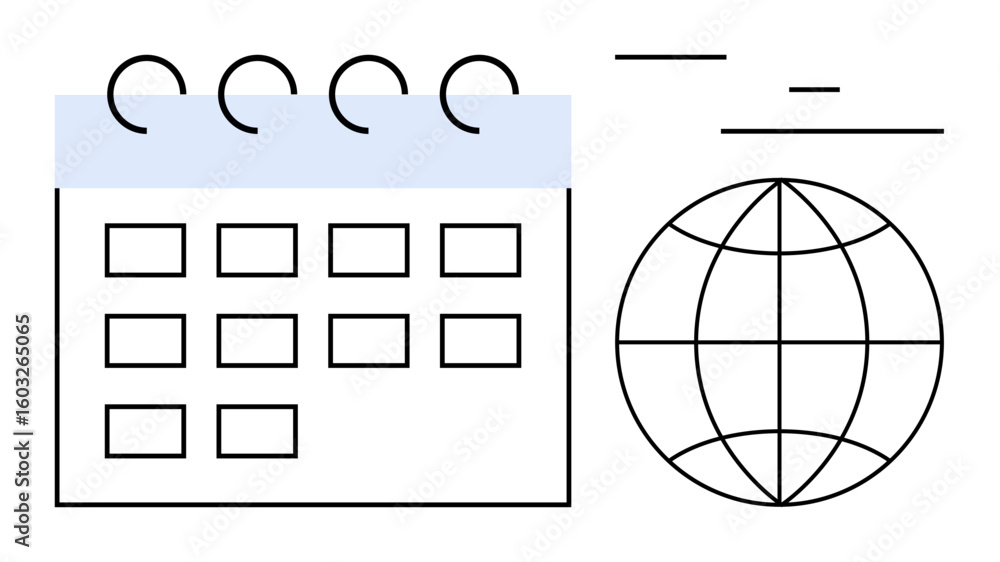 Poster minimalist calendar and globe with simple graphical lines, representing global scheduling, time mana