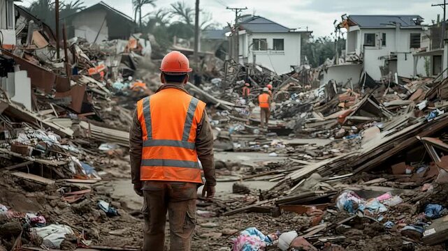 Workers survey destruction after a natural disaster, focusing on safety and recovery efforts in a devastated residential area.