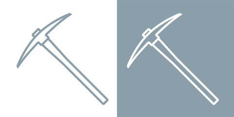 Pickaxe icon. Symbol of work, extraction, or mine. Attribute of a quarry, miner, or worker. Hand-held impact tool for gold or ore mining.