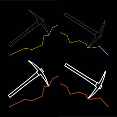 Pickaxe icon. Symbol of work, extraction, or mine. Attribute of a quarry, miner, or worker. Hand-held impact tool for gold or ore mining.