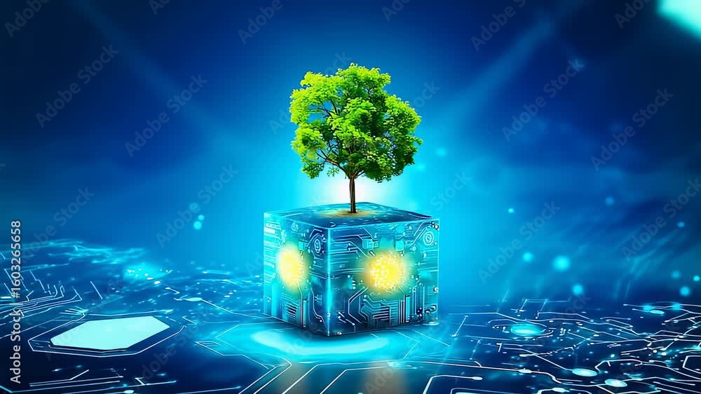 Aufkleber digital tree growing from tech cube on circuit board background, futuristic concept