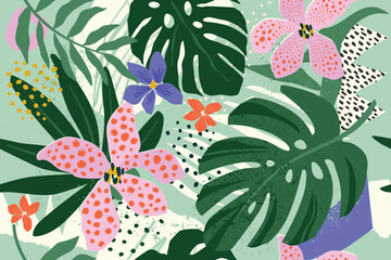 Modern exotic jungle fruits and plants illustration in vector.