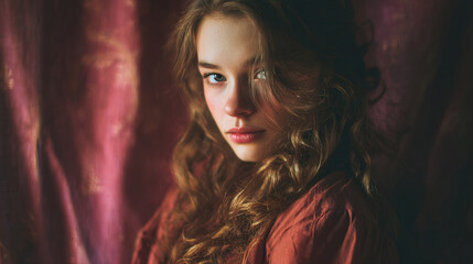 Young girl with long brown hair and piercing gaze against burgundy or red curtain creating mysterious emotional atmosphere
