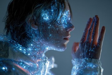 Futuristic portrait human integration microchips light elements face hands symbolizing concept artificial intelligence cyborgs human technology connection