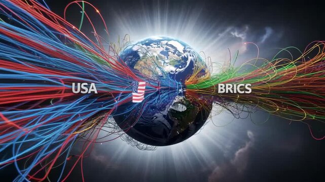 Digital Earth Globe with Colorful Data Streams Connecting USA and BRICS Countries Technology