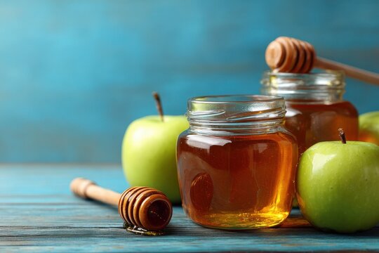 The image depicts the Jewish holiday Rosh Hashanah featuring a jar of honey and green apples on a wooden surface with a blue backdrop - Powered by Adobe