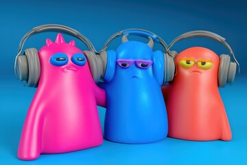 Three Grumpy colorful monsters listens to music in headphones
