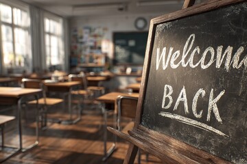 Chalkboard with "Welcome Back" in empty classroom with wooden desks chairs creating atmosphere of new school year or return after holidays