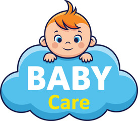 Adorable baby care logo with cute infant peeking over cloud, perfect for childcare branding, parenting services, baby health and products