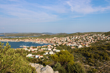 croatian harbor and valley with boats from viewpoint veli vrh, Murter, Croatia