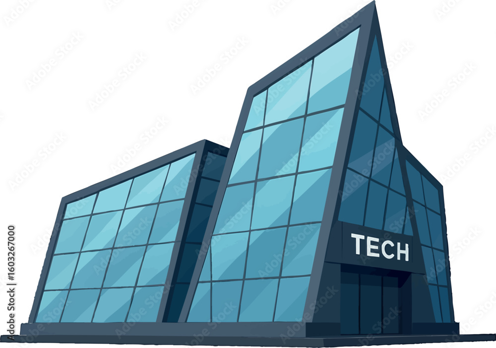 Poster flat vector futuristic tech company building with angular glass facade, isolated on white