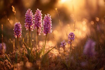 Enchanting image of peaceful wild orchids flourishing in Andalusia s natural scenery featuring a bright out of focus backdrop