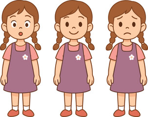 Adorable cartoon girl in purple dress with braids, shown in playful poses, isolated vector illustration for kids, character design, education